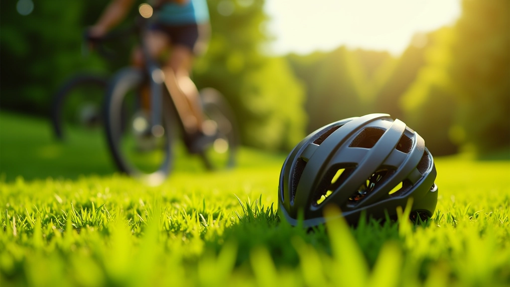 Kask rowerowy i rower górski na trawie, przygotowanie do wycieczki, zielone tło
