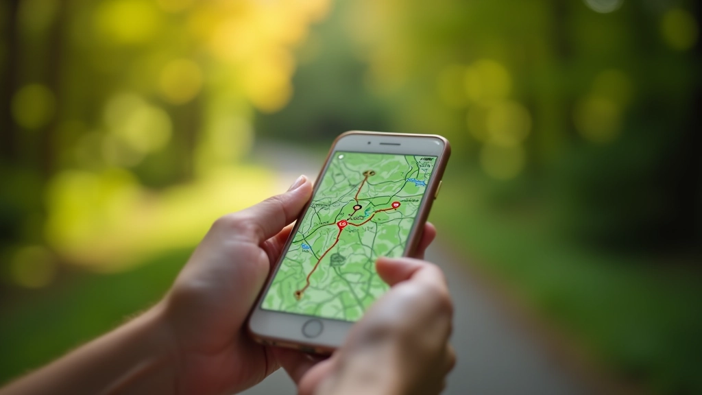 Inteligentny telefon pokazujący aplikację do planowania tras rowerowych z mapą leśną, ręka na ekranie