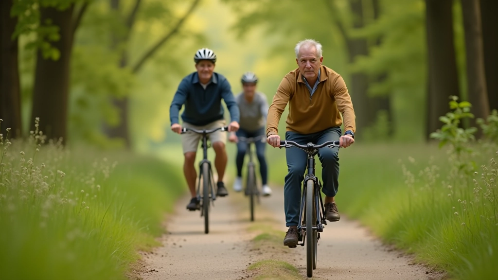 Seniorzy na rowerach na leśnym dukcie, słoneczny dzień, naturalne oświetlenie między drzewami