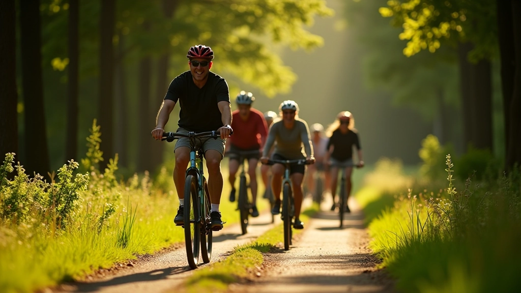 Grupa cyklistów jadących po leśnym dukcie, słoneczny dzień, bezpieczne odległości między nimi, uśmiechnięte twarze