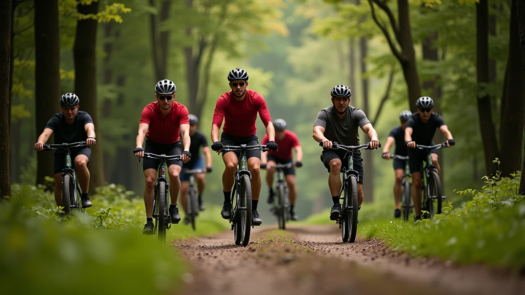 Zespół cyklistów w lesie, przygotowanie do wyjazdu, naturalne światło leśne