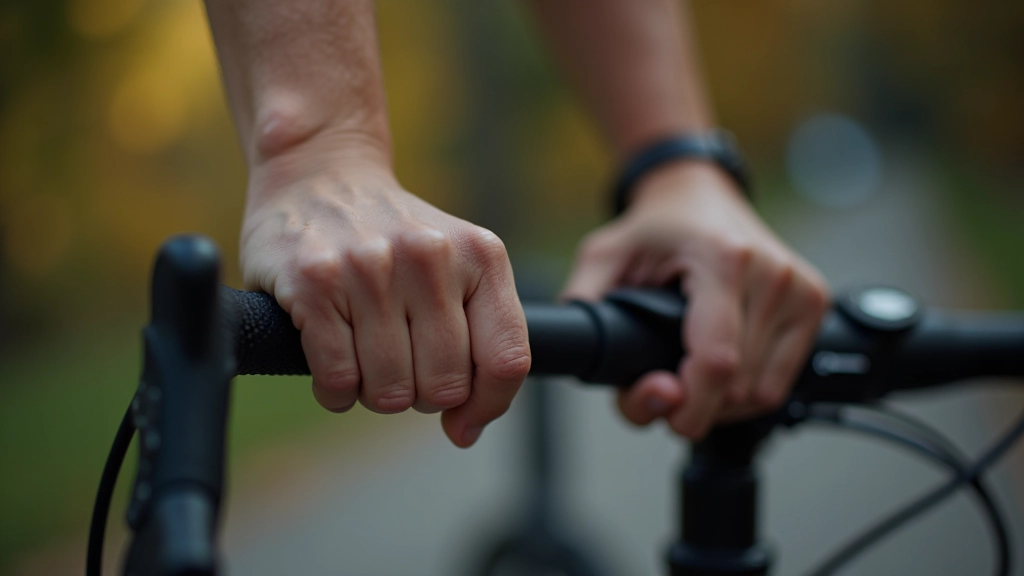Zbliżenie rąk trzymających wygodne chwyty na kierownicy roweru, w świetle naturalnym