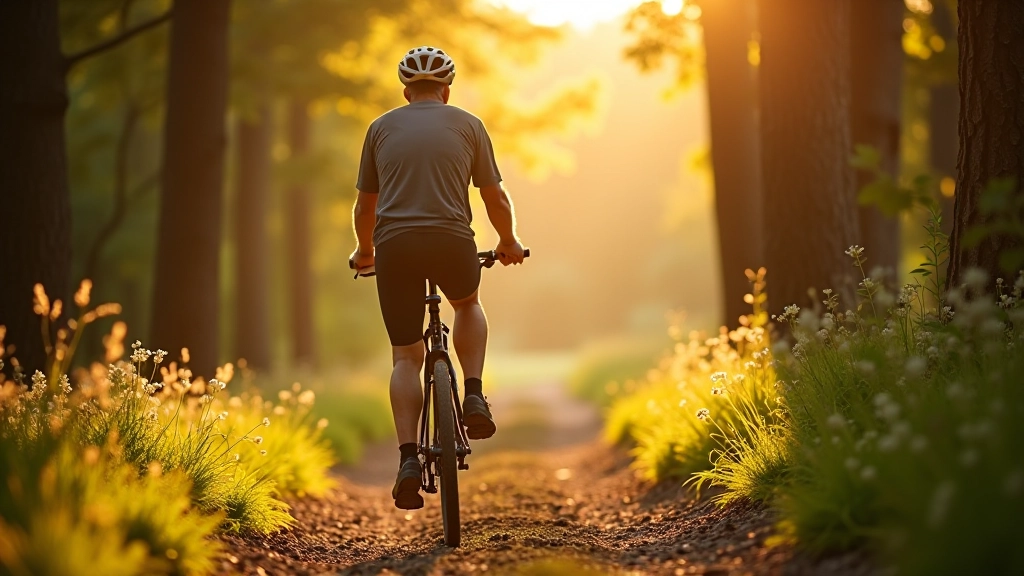 Doświadczony cyklista na leśnej trasie w słoneczny dzień
